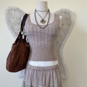 Fitted Cropped Tan Ribbed Knit Tank Top Sleeveless Square Neck Minimal 90s‎